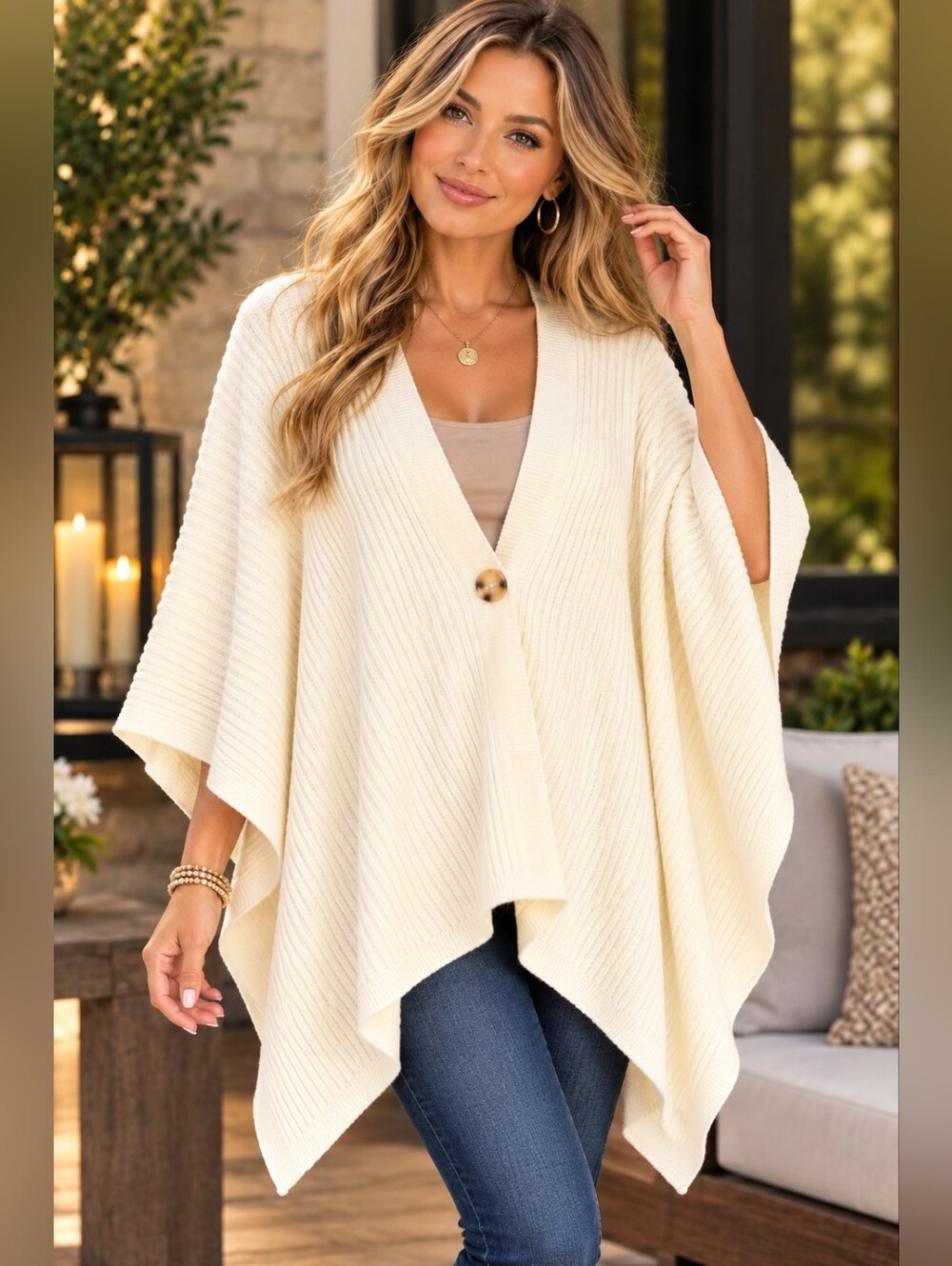 NWT! Time and Tru Cream Ribbed Poncho Sweater Cape Cozy One Size Fits All